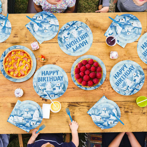 96 Pcs Winter Bear Birthday Party Plates and Napkins - Grencian