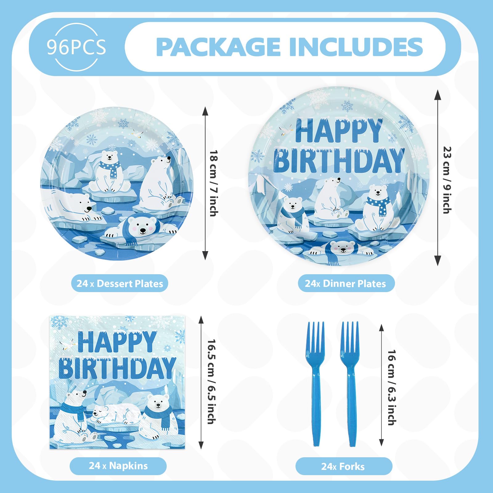 96 Pcs Winter Bear Birthday Party Plates and Napkins - Grencian