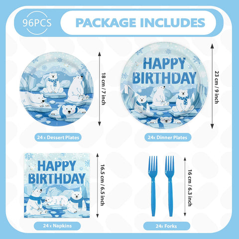 96 Pcs Winter Bear Birthday Party Plates and Napkins - Grencian