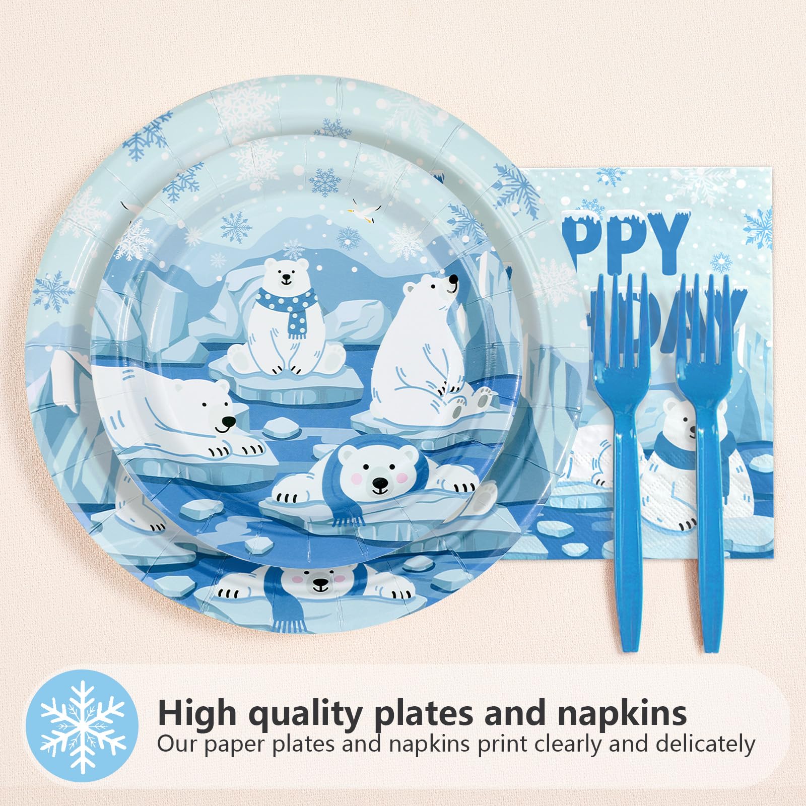 96 Pcs Winter Bear Birthday Party Plates and Napkins - Grencian