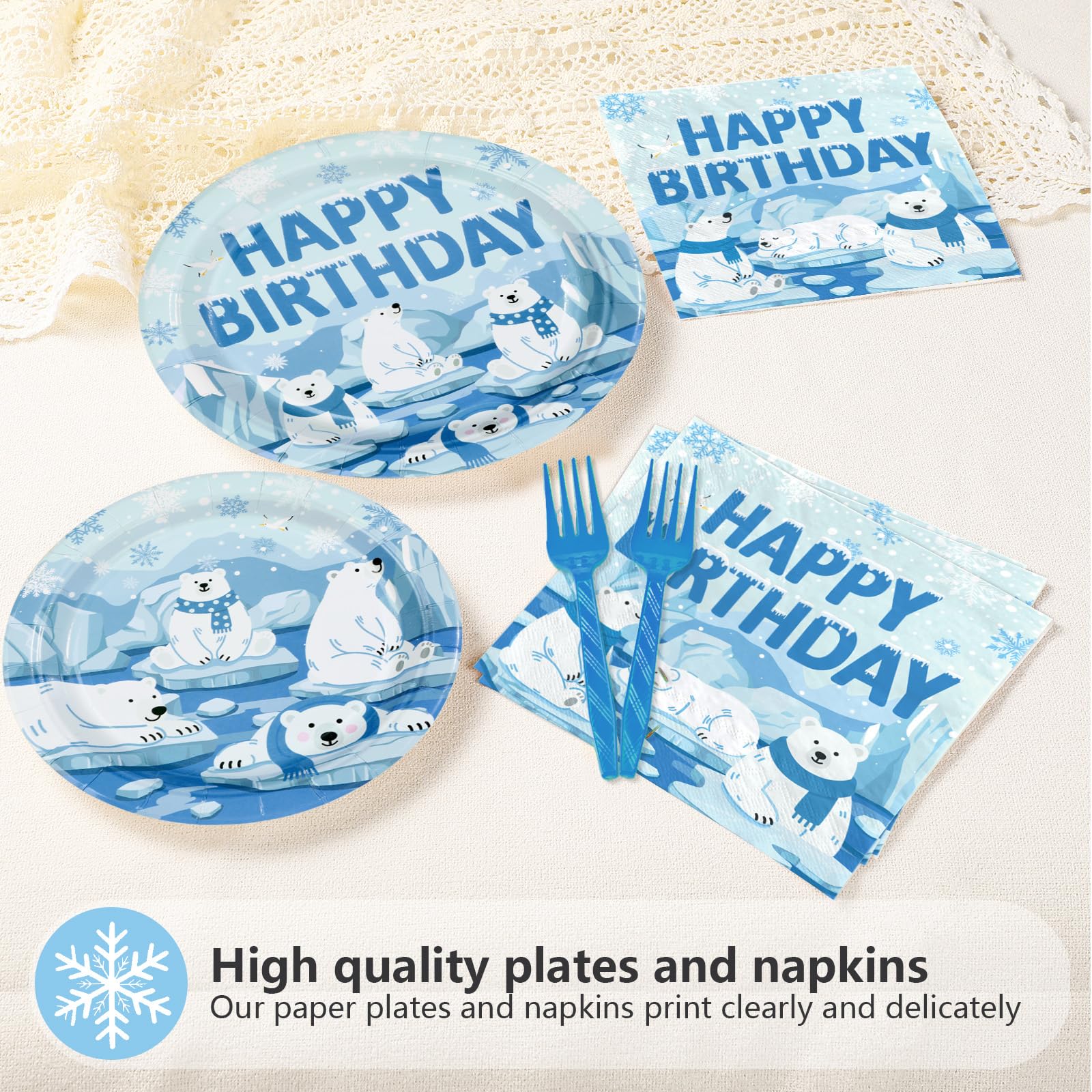 96 Pcs Winter Bear Birthday Party Plates and Napkins - Grencian