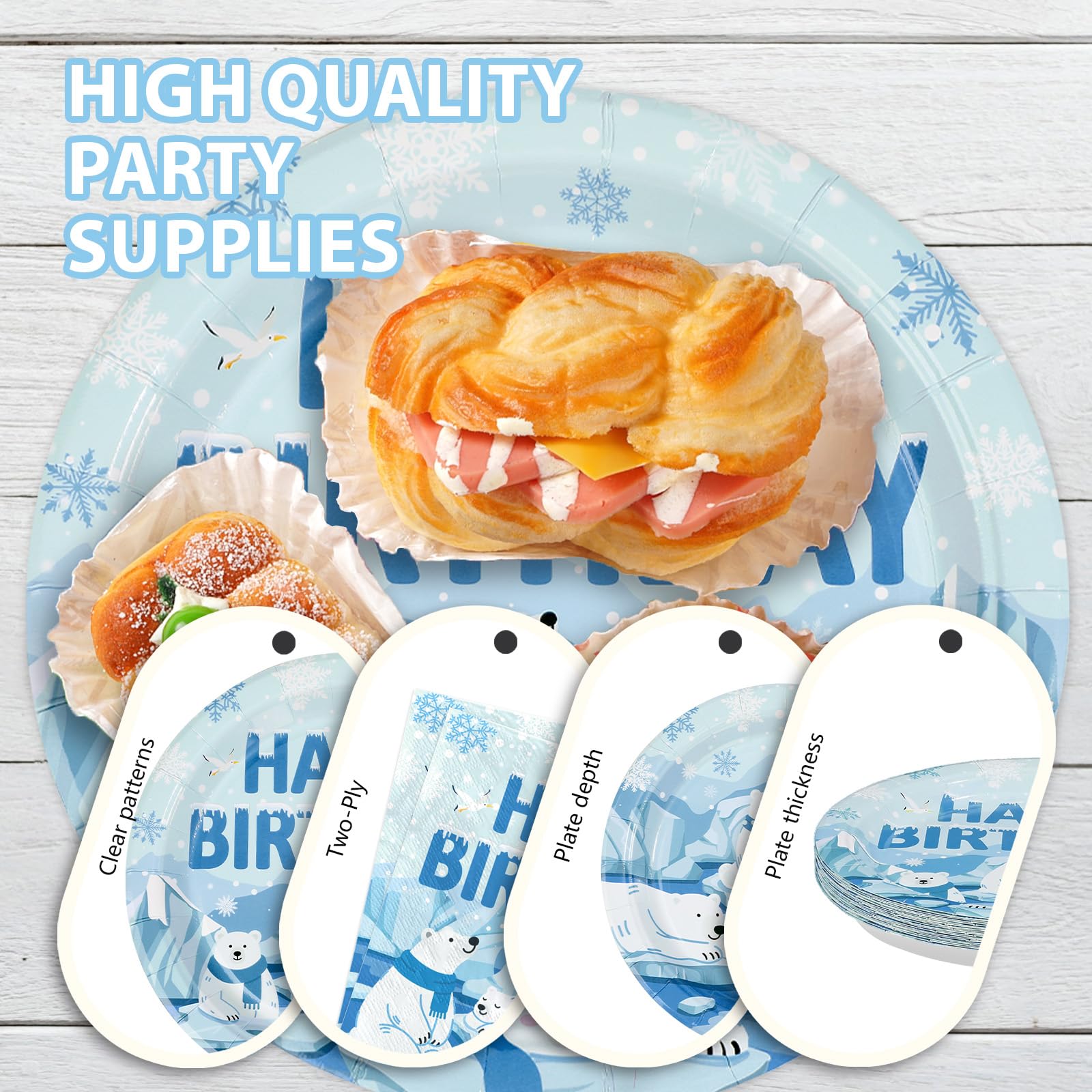 96 Pcs Winter Bear Birthday Party Plates and Napkins - Grencian