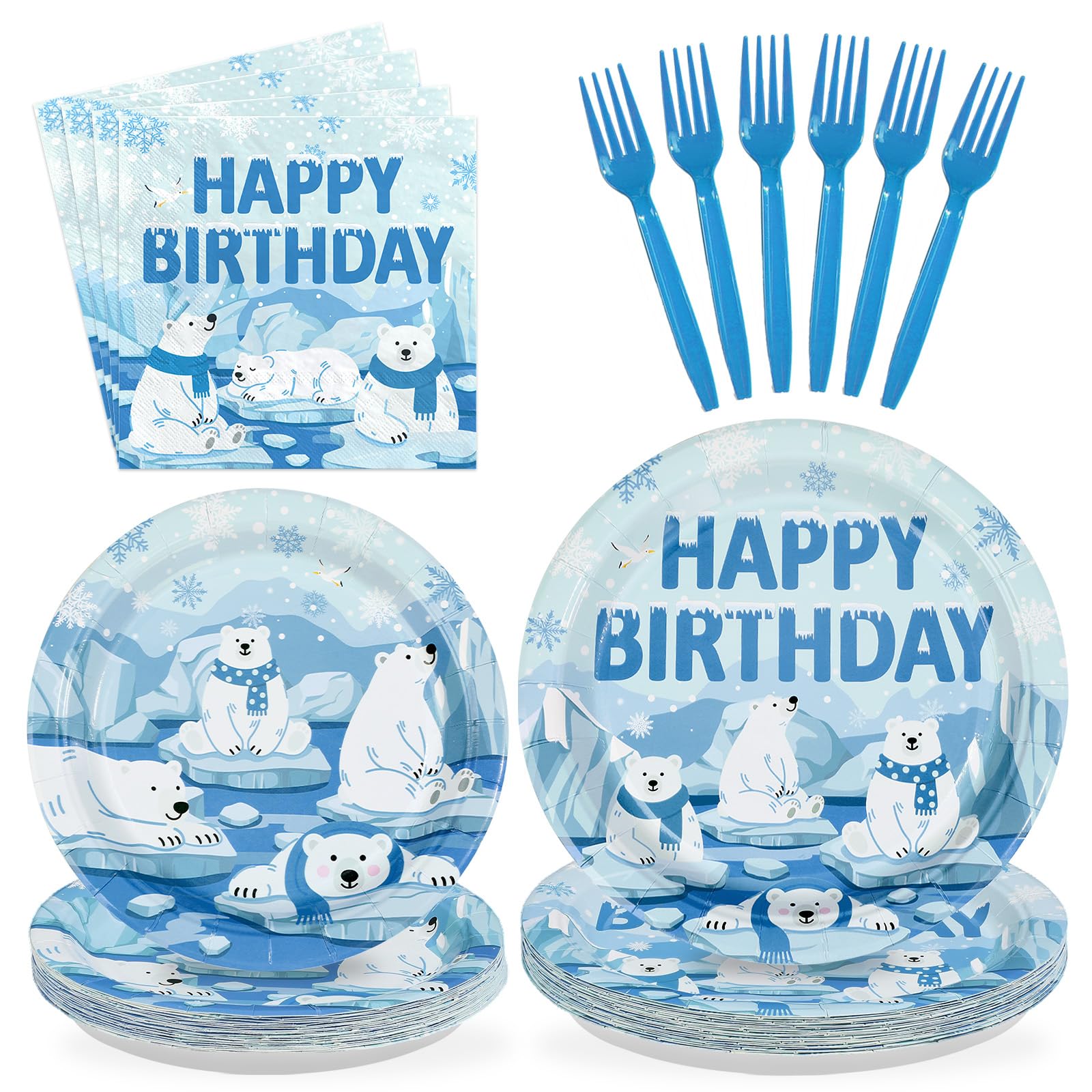 96 Pcs Winter Bear Birthday Party Plates and Napkins - Grencian