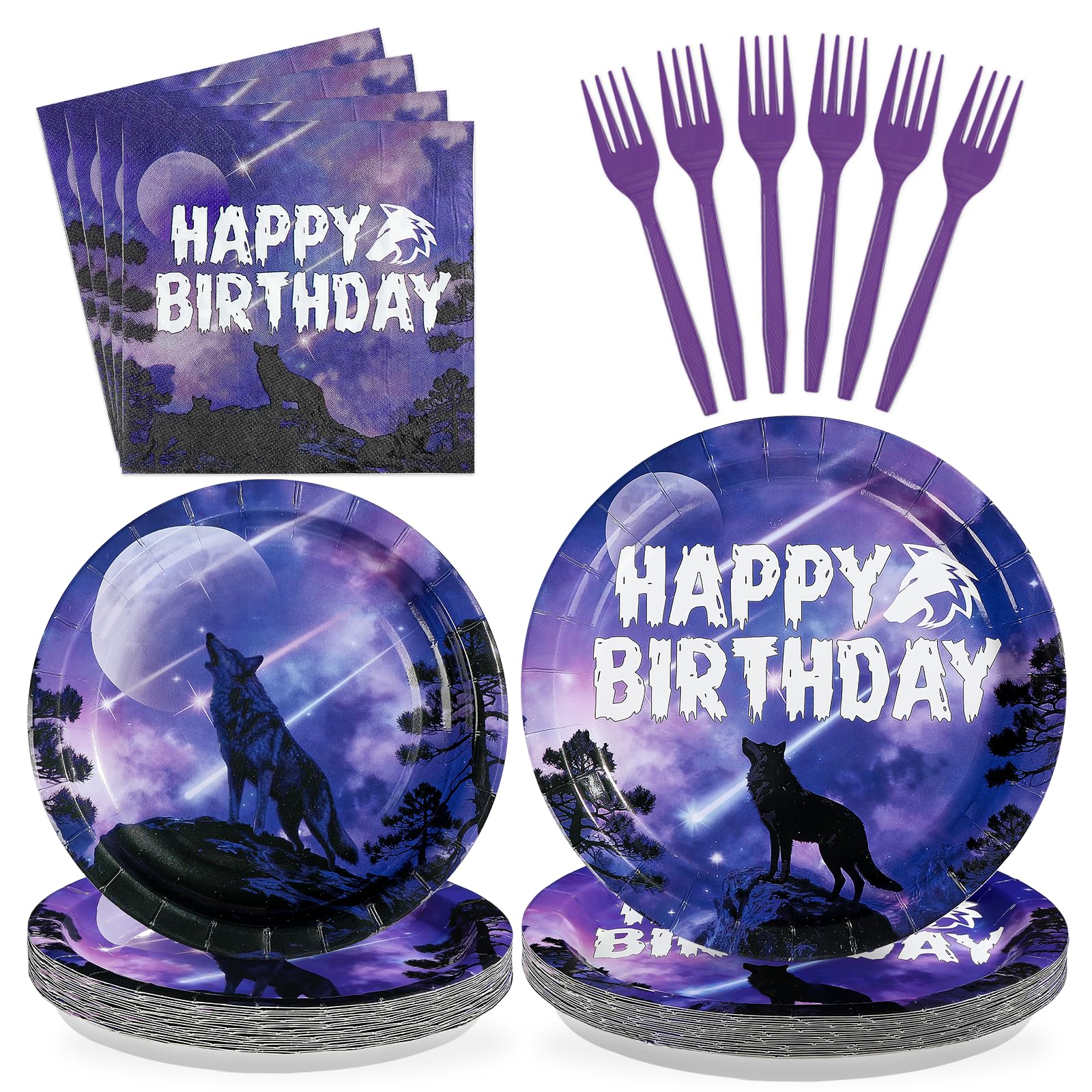 96 Pcs Wolf Birthday Party Plates and Napkins - Grencian