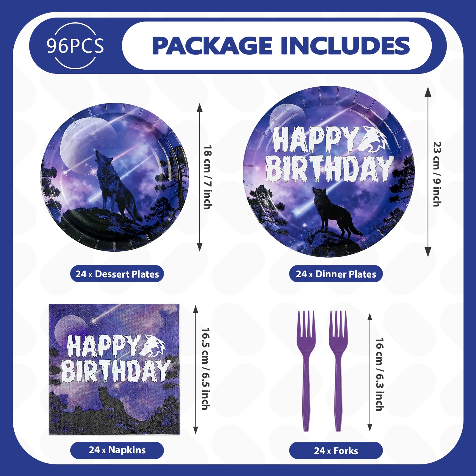 96 Pcs Wolf Birthday Party Plates and Napkins - Grencian
