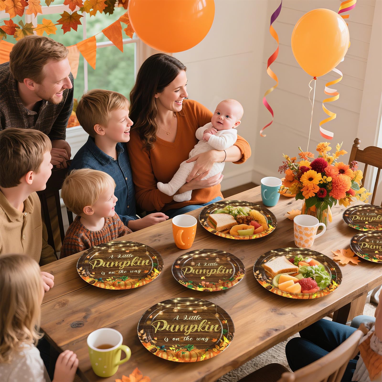 96 Pcs Wooden Pumpkin Baby Shower Party Plates and Napkins - Grencian