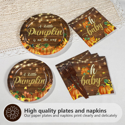 96 Pcs Wooden Pumpkin Baby Shower Party Plates and Napkins - Grencian