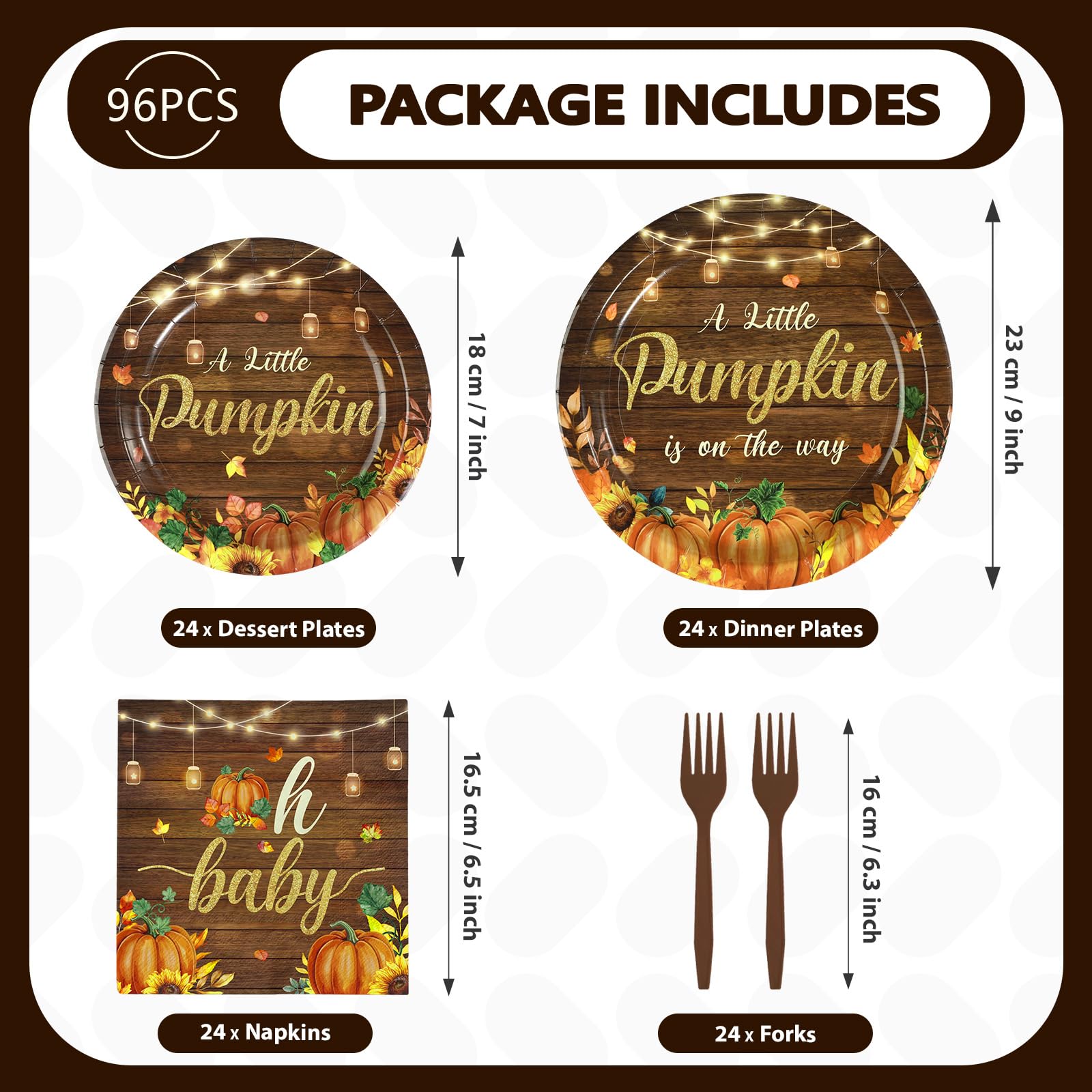 96 Pcs Wooden Pumpkin Baby Shower Party Plates and Napkins - Grencian