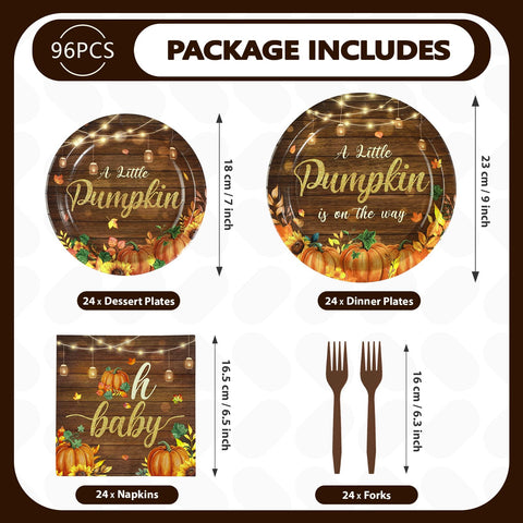 96 Pcs Wooden Pumpkin Baby Shower Party Plates and Napkins - Grencian