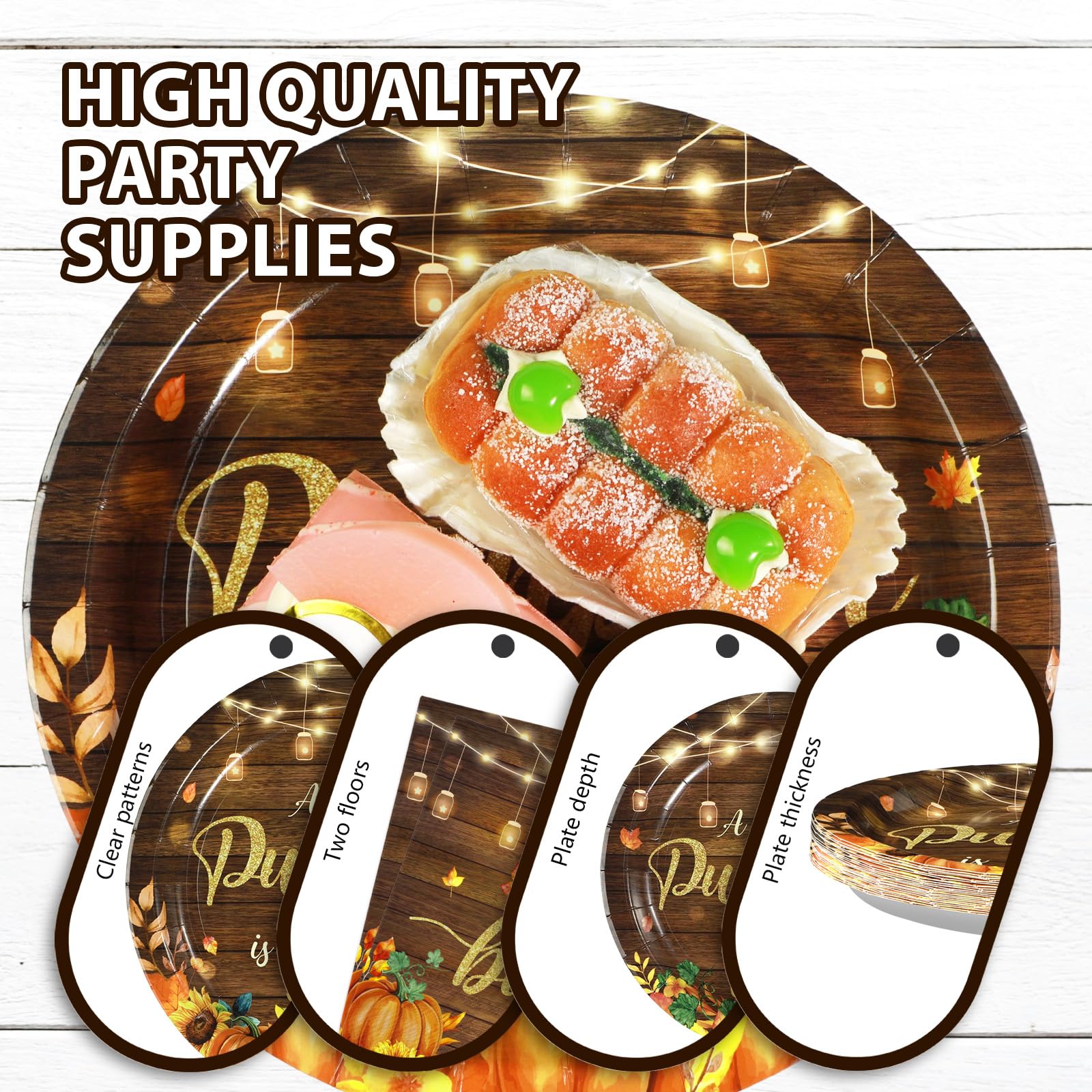 96 Pcs Wooden Pumpkin Baby Shower Party Plates and Napkins - Grencian