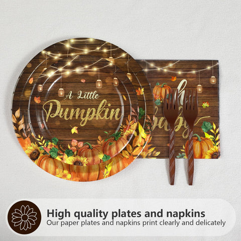 96 Pcs Wooden Pumpkin Baby Shower Party Plates and Napkins - Grencian