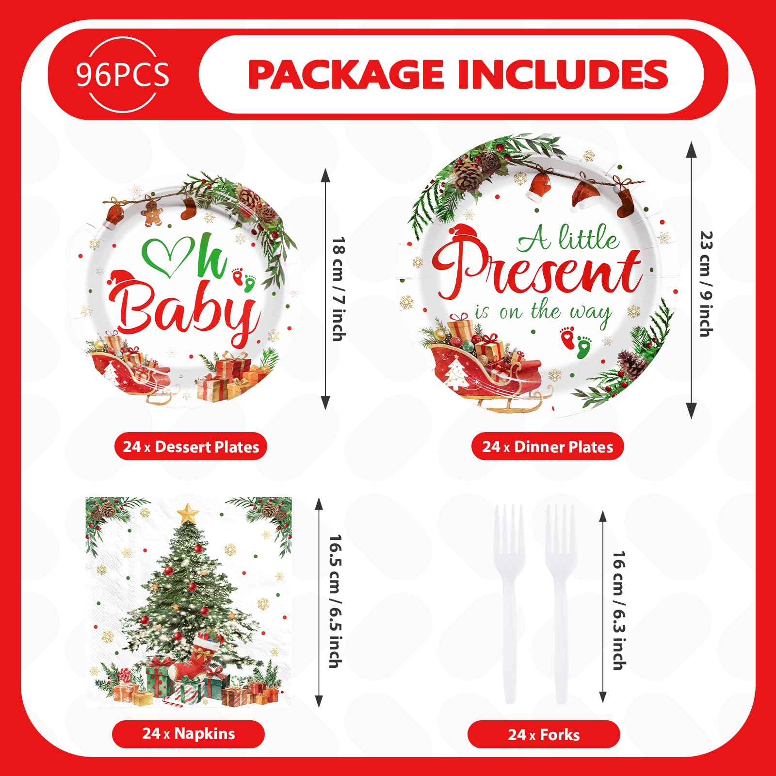 96 Pcs Xmas Present Baby Shower Party Plates and Napkins - Grencian