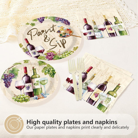 96 Pcs Paint and Sip Wine Party Plates & Napkins Set - Serves 24 - Grencian