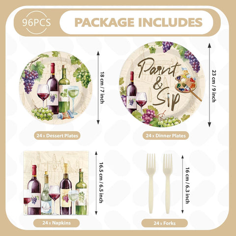 96 Pcs Paint and Sip Wine Party Plates & Napkins Set - Serves 24 - Grencian