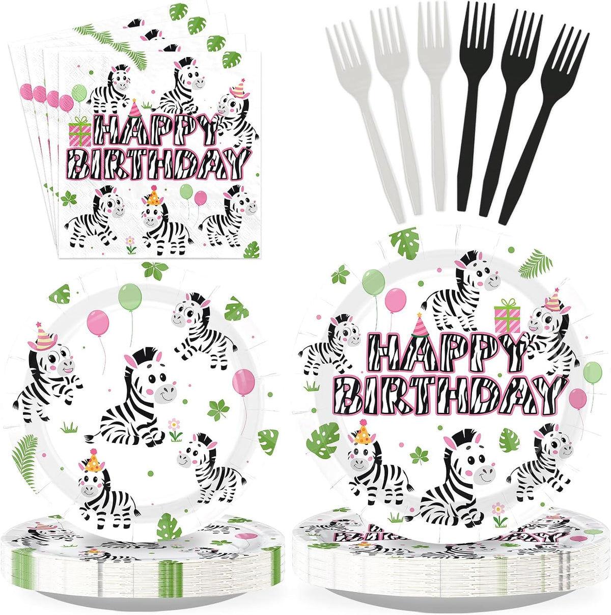 96 Pcs Pink Zebra Birthday Party Plates & Napkins Set - Serves 24 - Grencian