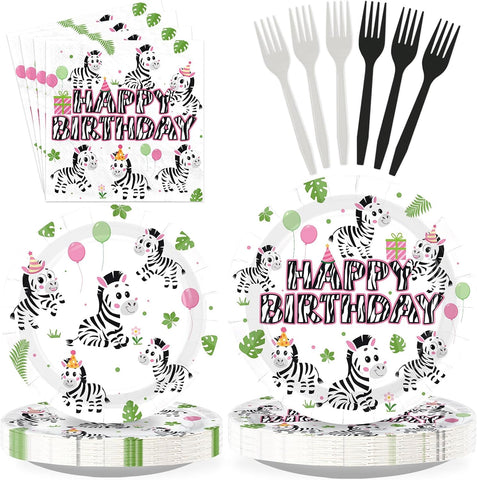 96 Pcs Pink Zebra Birthday Party Plates & Napkins Set - Serves 24 - Grencian