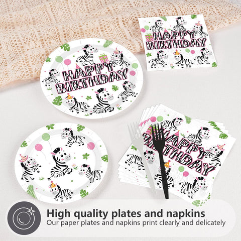 96 Pcs Pink Zebra Birthday Party Plates & Napkins Set - Serves 24 - Grencian