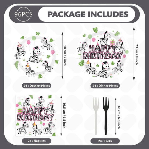 96 Pcs Pink Zebra Birthday Party Plates & Napkins Set - Serves 24 - Grencian