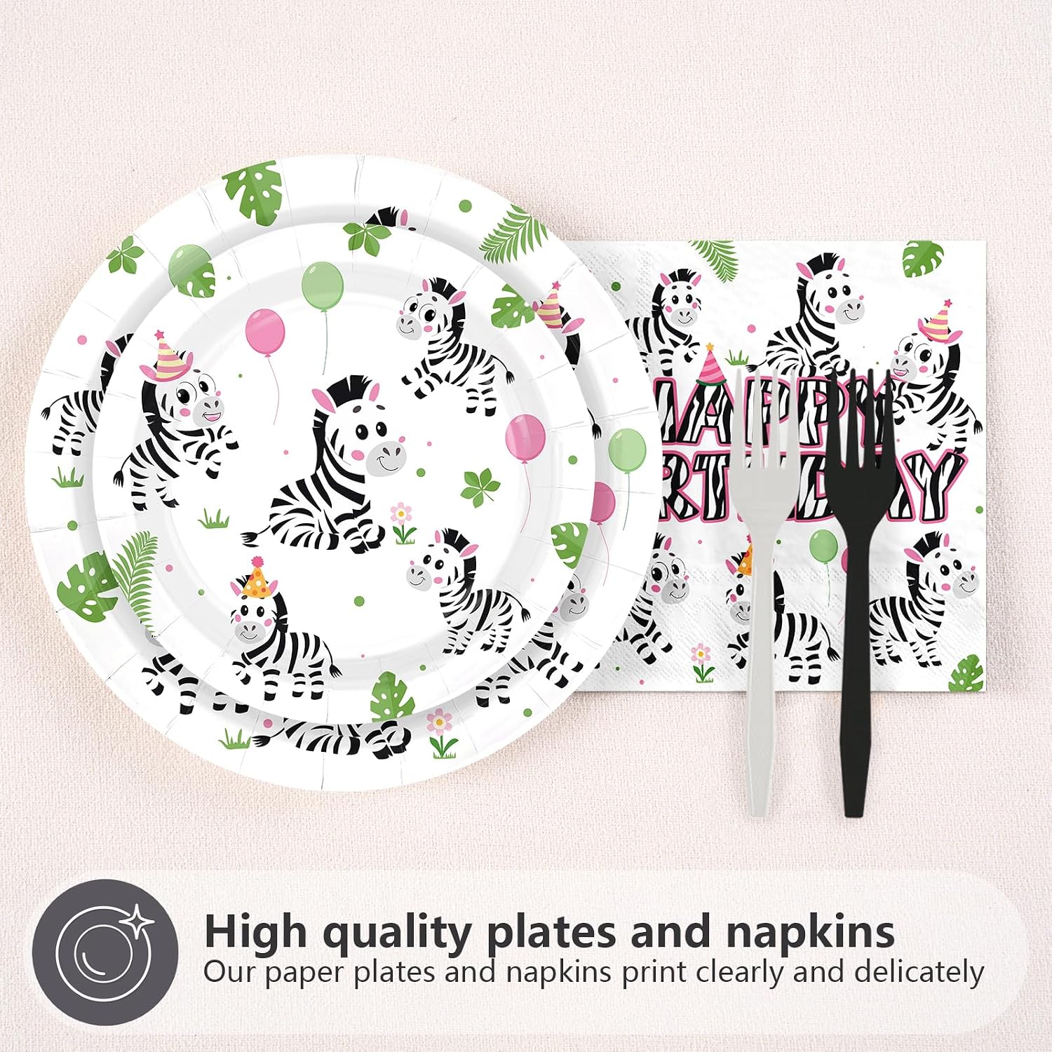 96 Pcs Pink Zebra Birthday Party Plates & Napkins Set - Serves 24 - Grencian