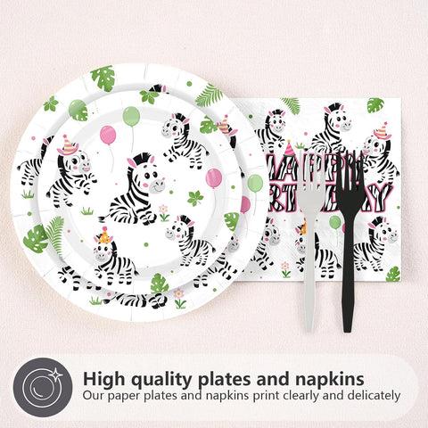 96 Pcs Pink Zebra Birthday Party Plates & Napkins Set - Serves 24 - Grencian