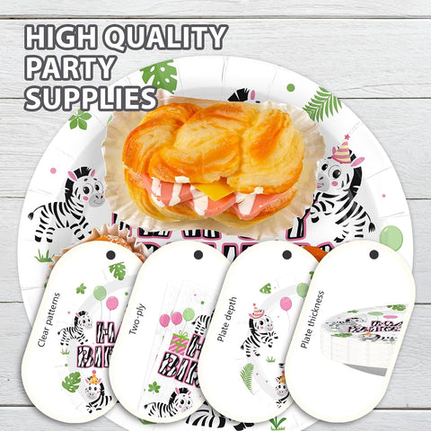 96 Pcs Pink Zebra Birthday Party Plates & Napkins Set - Serves 24 - Grencian