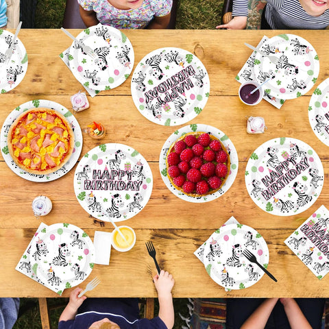 96 Pcs Pink Zebra Birthday Party Plates & Napkins Set - Serves 24 - Grencian