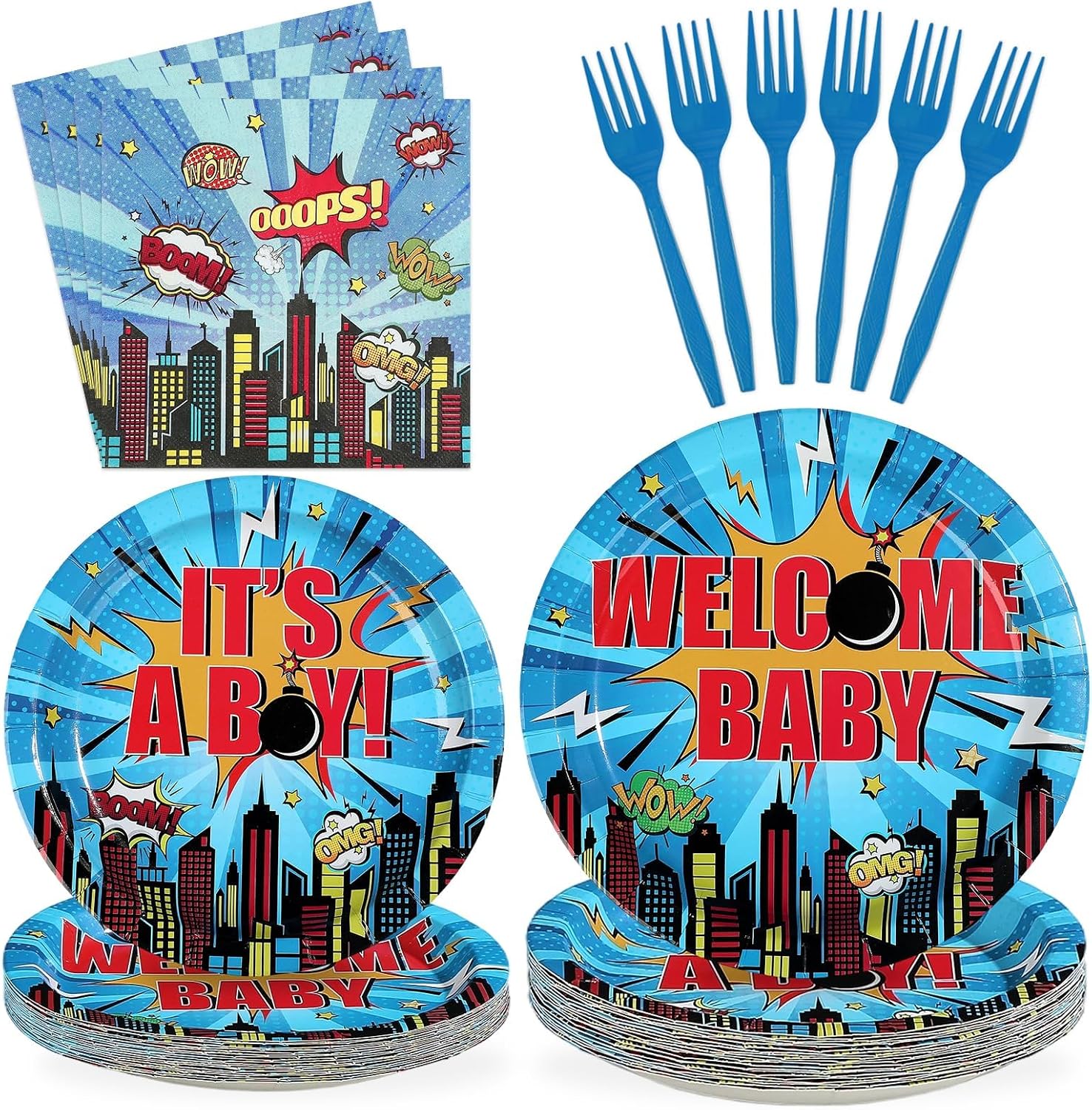 96 Pcs Superhero Hero Baby Shower Plates & Napkins Set - Serves 24 - Grencian