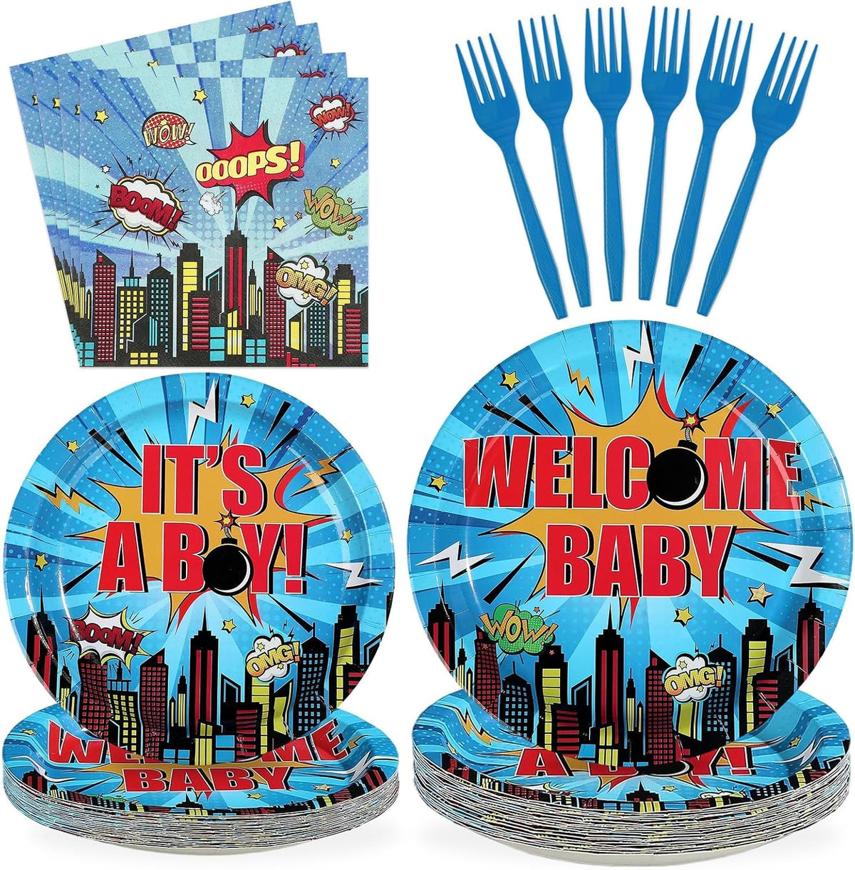 96 Pcs Superhero Hero Baby Shower Plates & Napkins Set - Serves 24 - Grencian