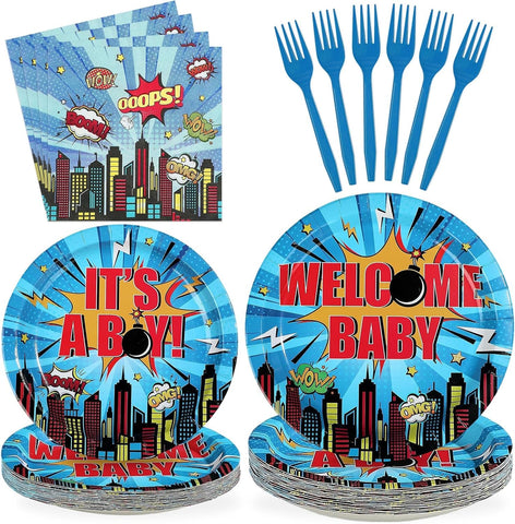 96 Pcs Superhero Hero Baby Shower Plates & Napkins Set - Serves 24 - Grencian