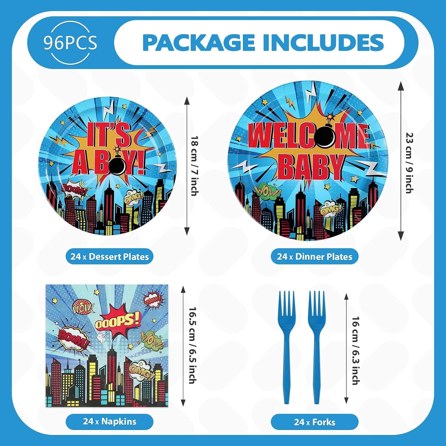 96 Pcs Superhero Hero Baby Shower Plates & Napkins Set - Serves 24 - Grencian