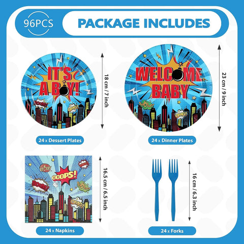 96 Pcs Superhero Hero Baby Shower Plates & Napkins Set - Serves 24 - Grencian