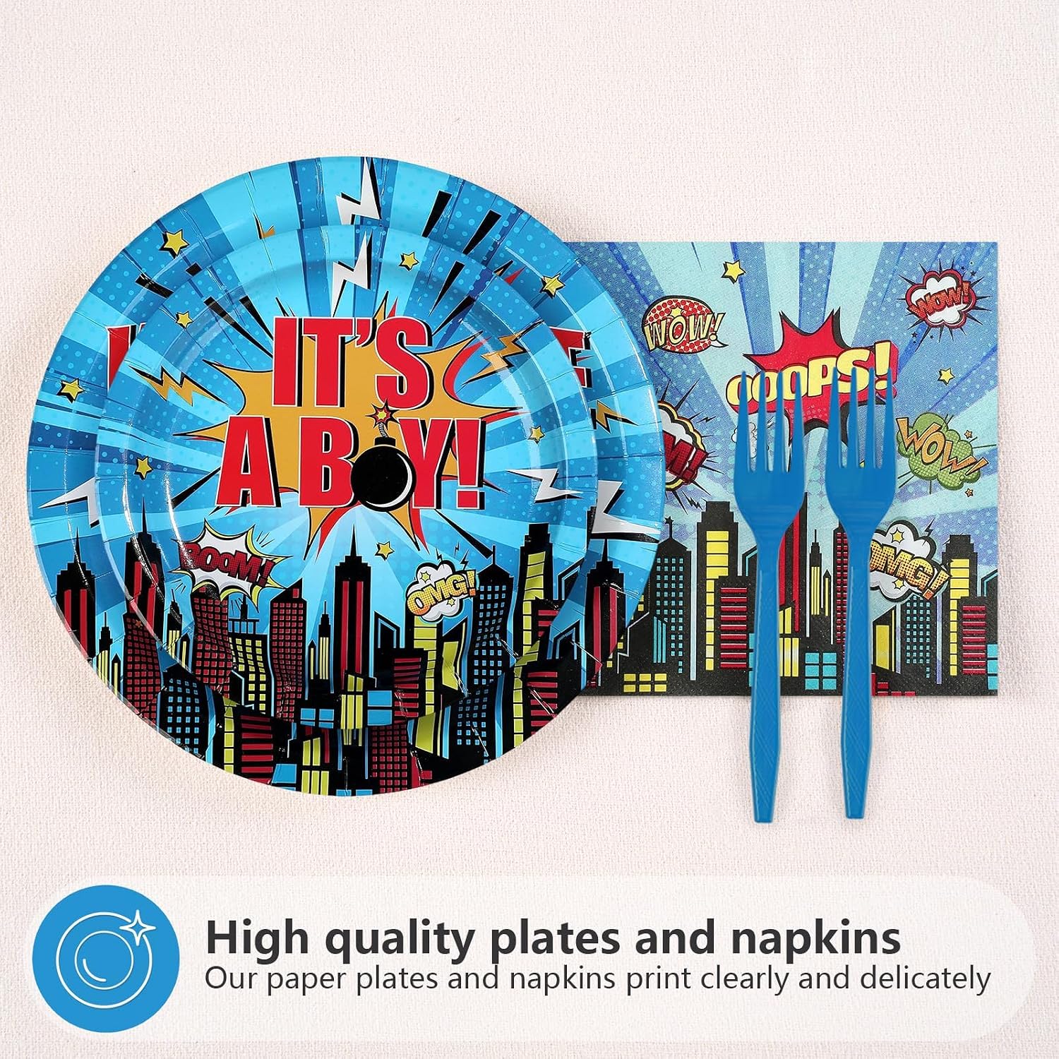 96 Pcs Superhero Hero Baby Shower Plates & Napkins Set - Serves 24 - Grencian