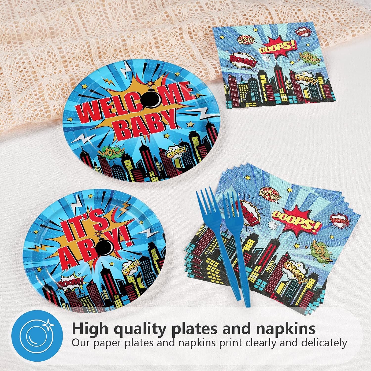 96 Pcs Superhero Hero Baby Shower Plates & Napkins Set - Serves 24 - Grencian