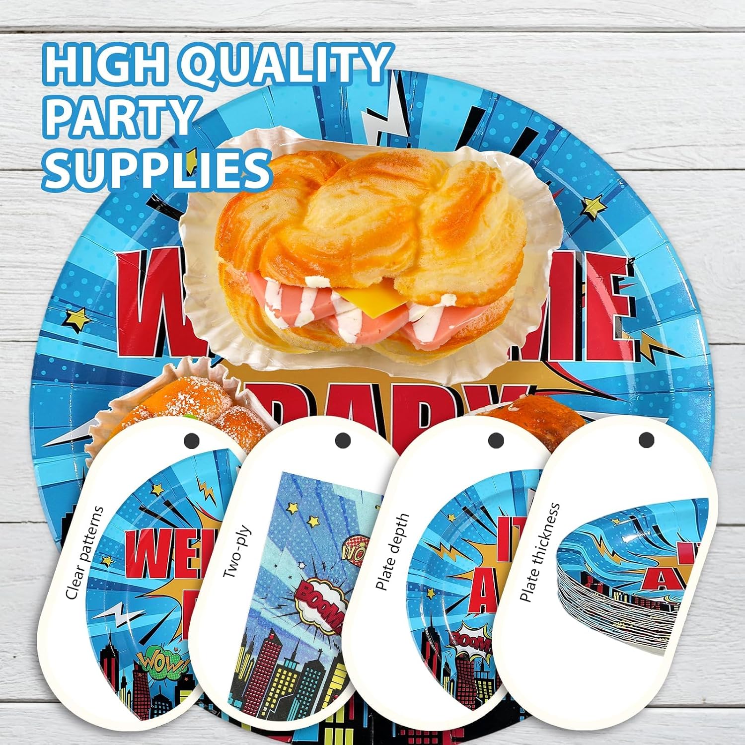 96 Pcs Superhero Hero Baby Shower Plates & Napkins Set - Serves 24 - Grencian