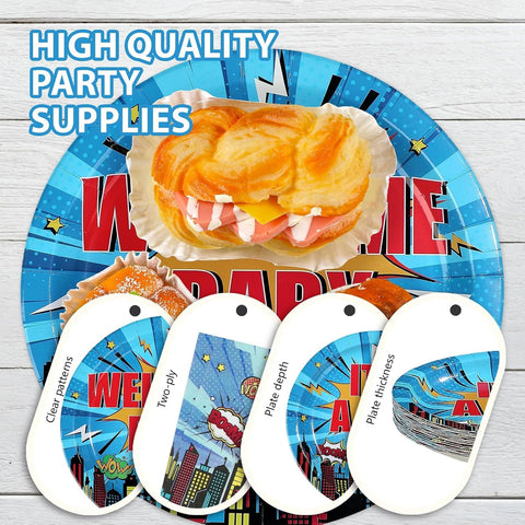 96 Pcs Superhero Hero Baby Shower Plates & Napkins Set - Serves 24 - Grencian