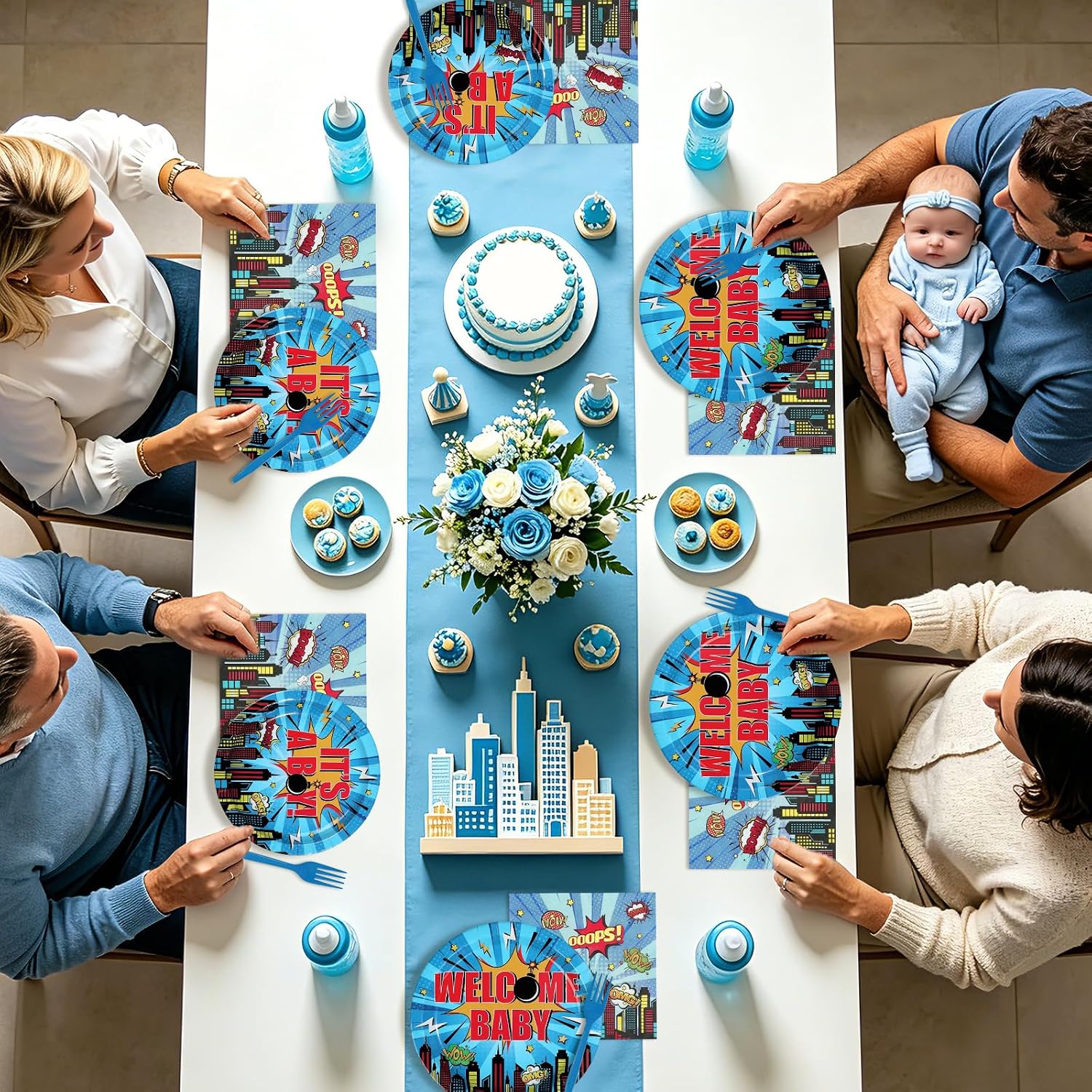 96 Pcs Superhero Hero Baby Shower Plates & Napkins Set - Serves 24 - Grencian