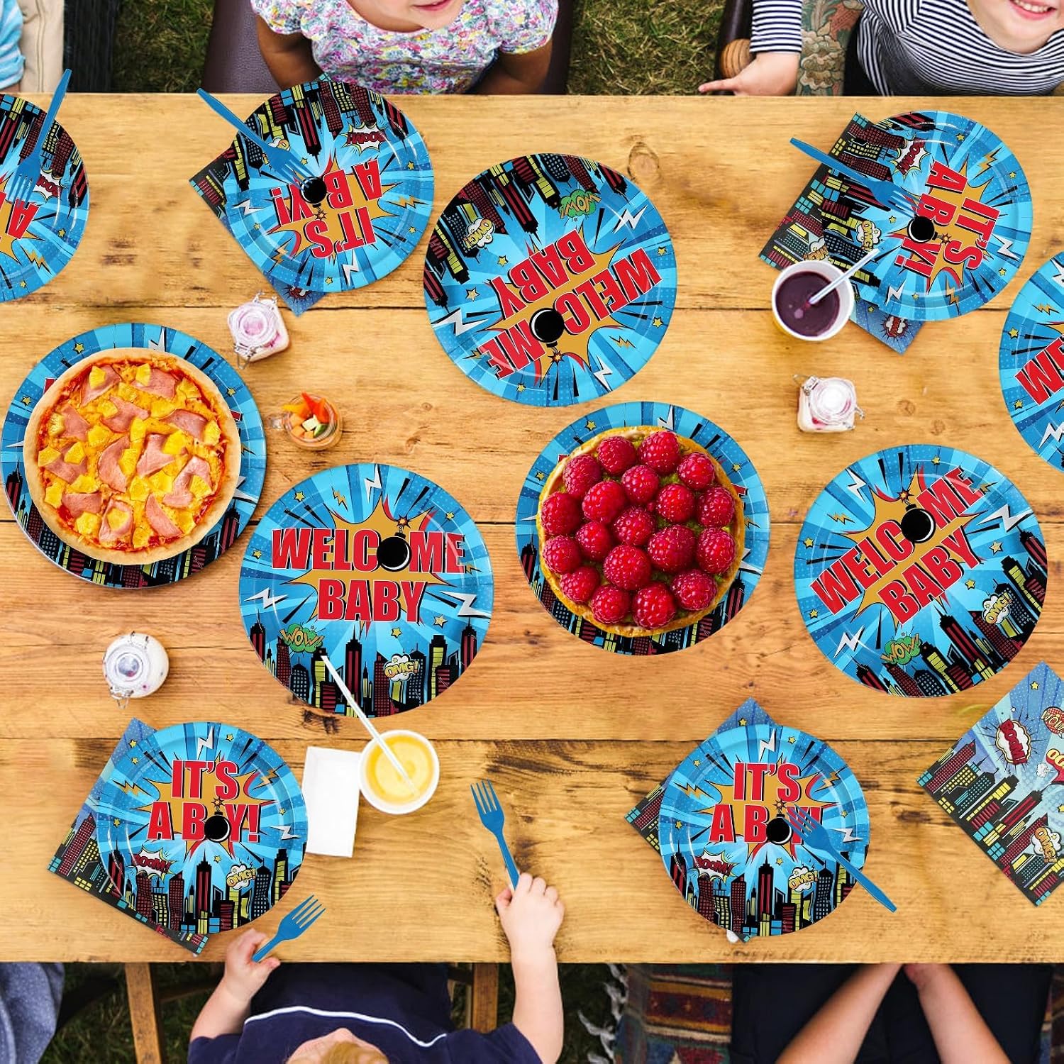 96 Pcs Superhero Hero Baby Shower Plates & Napkins Set - Serves 24 - Grencian