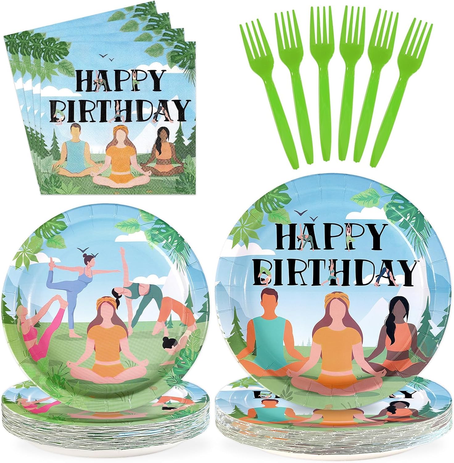 96 Pcs Yoga Happy Birthday Plates & Napkins Set - Serves 24 - Grencian
