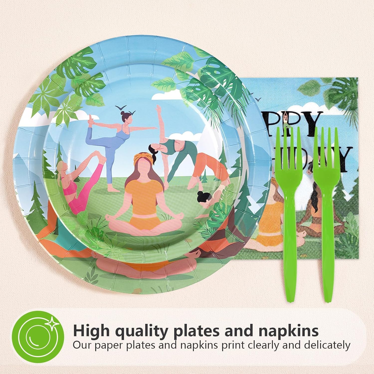 96 Pcs Yoga Happy Birthday Plates & Napkins Set - Serves 24 - Grencian
