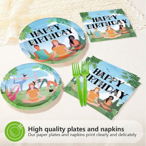 96 Pcs Yoga Happy Birthday Plates & Napkins Set - Serves 24 - Grencian