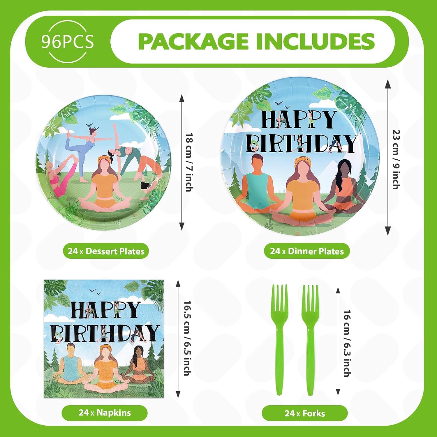 96 Pcs Yoga Happy Birthday Plates & Napkins Set - Serves 24 - Grencian