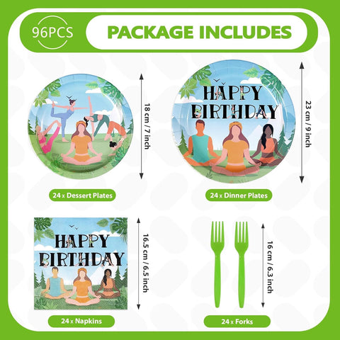 96 Pcs Yoga Happy Birthday Plates & Napkins Set - Serves 24 - Grencian