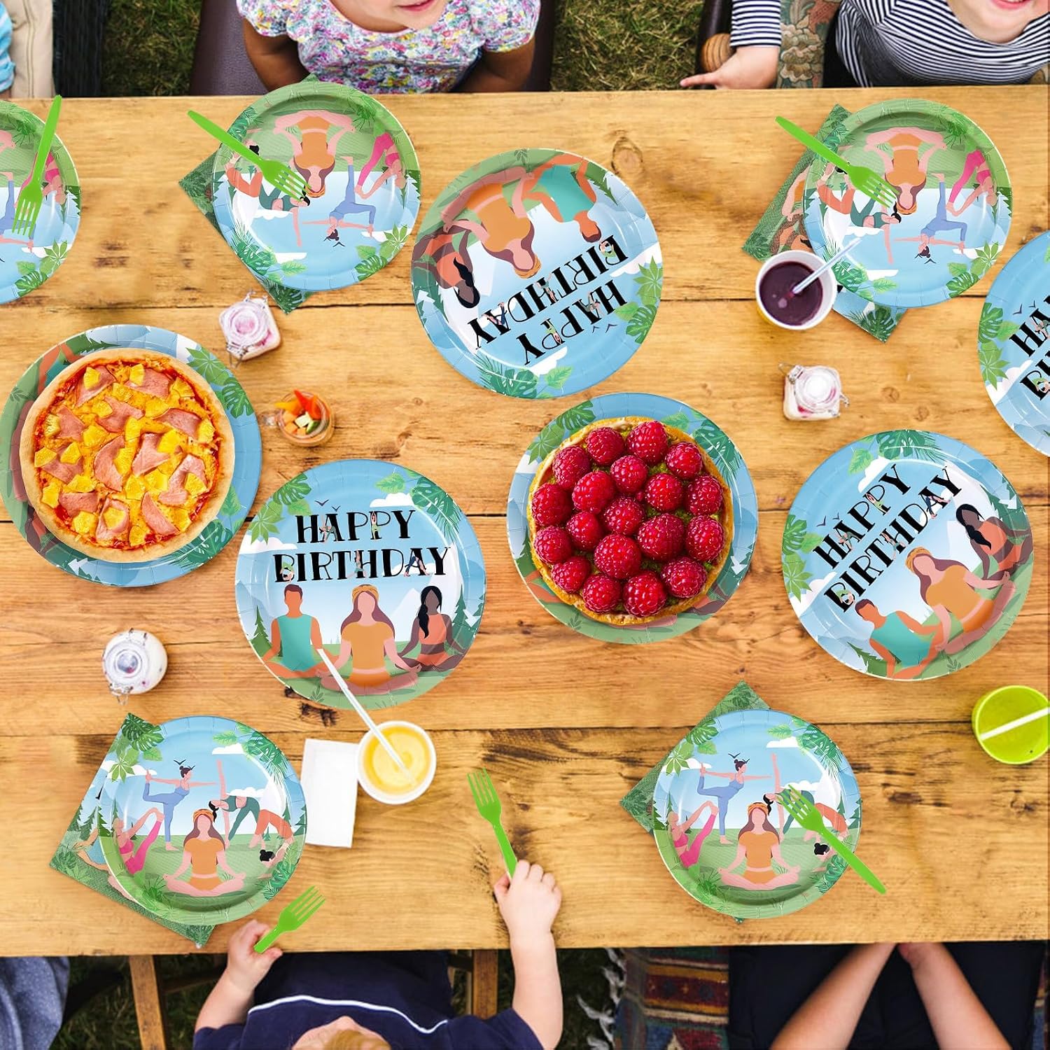 96 Pcs Yoga Happy Birthday Plates & Napkins Set - Serves 24 - Grencian