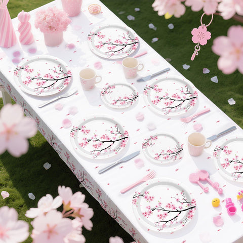 98 Pcs Cherry Blossom Party Plates Napkins Tablecloths - Grencian