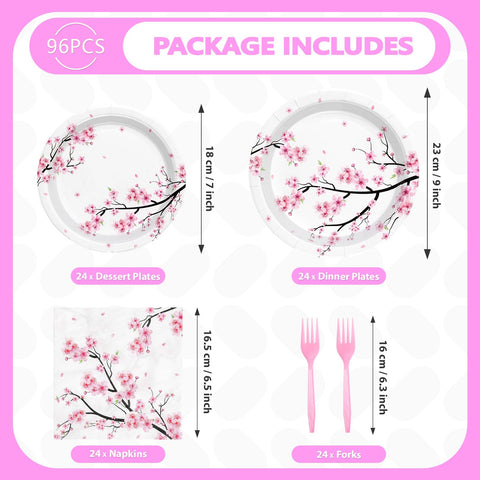 98 Pcs Cherry Blossom Party Plates Napkins Tablecloths - Grencian