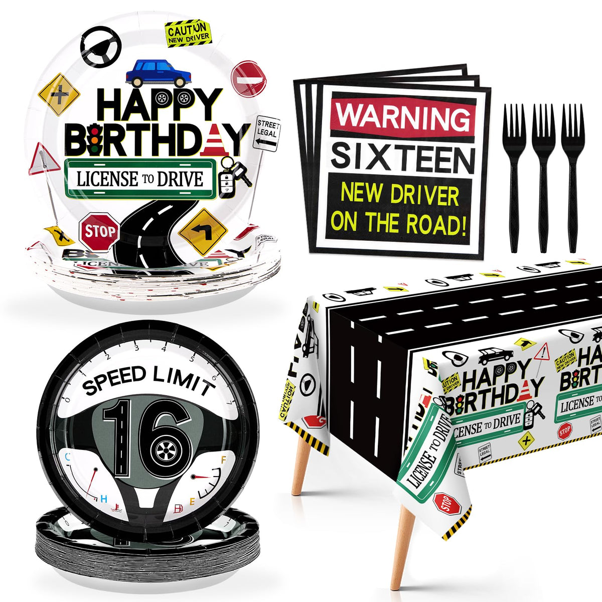 98 Pcs Drivers License 16th Birthday Party Plates Napkins Tablecloths - Grencian