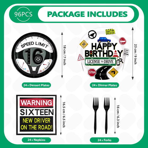 98 Pcs Drivers License 16th Birthday Party Plates Napkins Tablecloths - Grencian