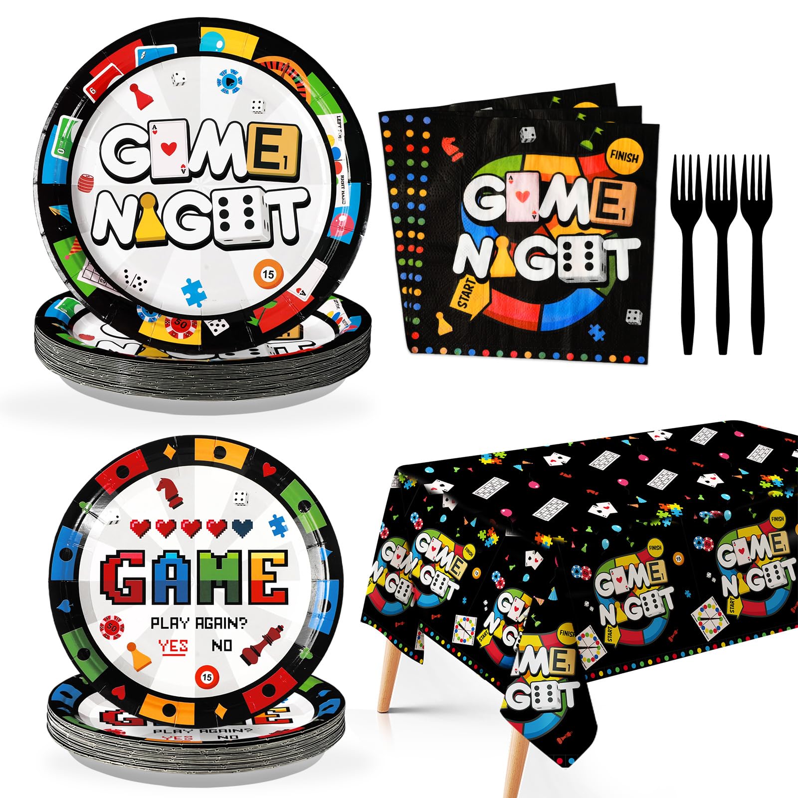 98 Pcs Family Game Night Party Plates Napkins Tablecloths - Grencian