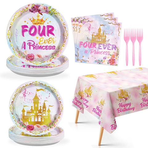98 Pcs Princess 4th Birthday Party Plates Napkins Tablecloths - Grencian