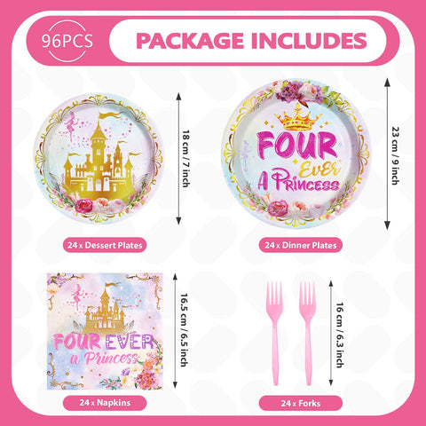 98 Pcs Princess 4th Birthday Party Plates Napkins Tablecloths - Grencian